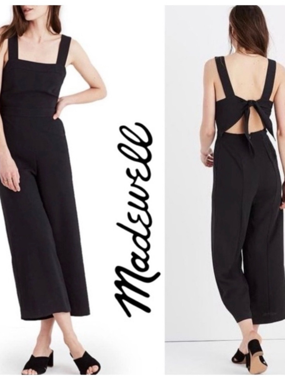 Madewell Black Square-Neck Tie-Back Wide-Leg Jumpsuit